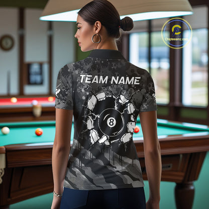 Personalized Grunge Camo Billiard Shirts For Women, 8 Ball Pool Team Jersey Polo & 1/4 Zip TDM5903