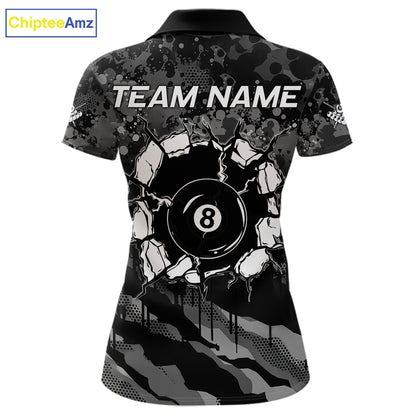 Personalized Grunge Camo Billiard Shirts For Women, 8 Ball Pool Team Jersey Polo & 1/4 Zip TDM5903