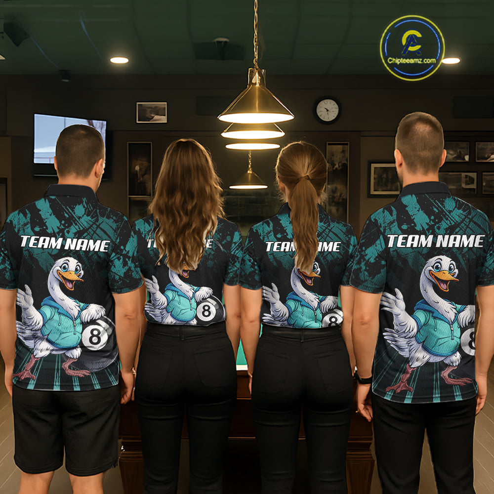 Black And Teal Grunge 8 Ball Pool Billiard Shirt For Men Custom Funny Duck Pool Team Jersey NYN3012