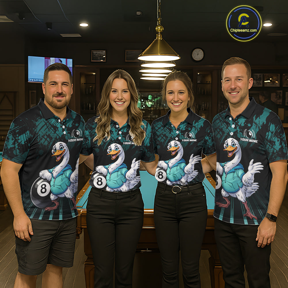 Black And Teal Grunge 8 Ball Pool Billiard Shirt For Men Custom Funny Duck Pool Team Jersey NYN3012