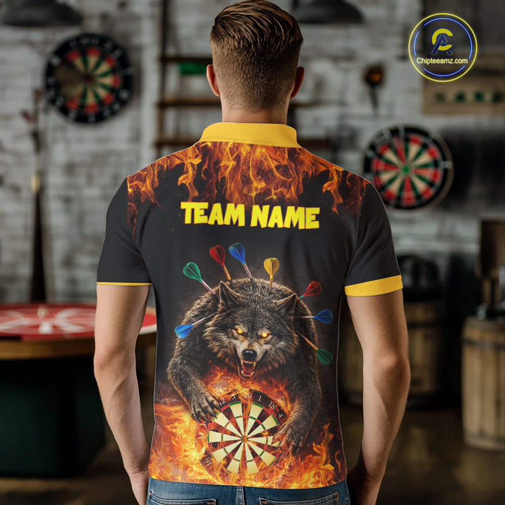 Personalized Fire Flame Wolf Darts Shirt For Men Custom Darts Jersey Team Polo & Quarter Zip TDM6314