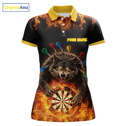 Personalized Fire Flame Wolf Darts Shirt For Women Custom Darts Jersey Team Polo & Quarter Zip TDM6314