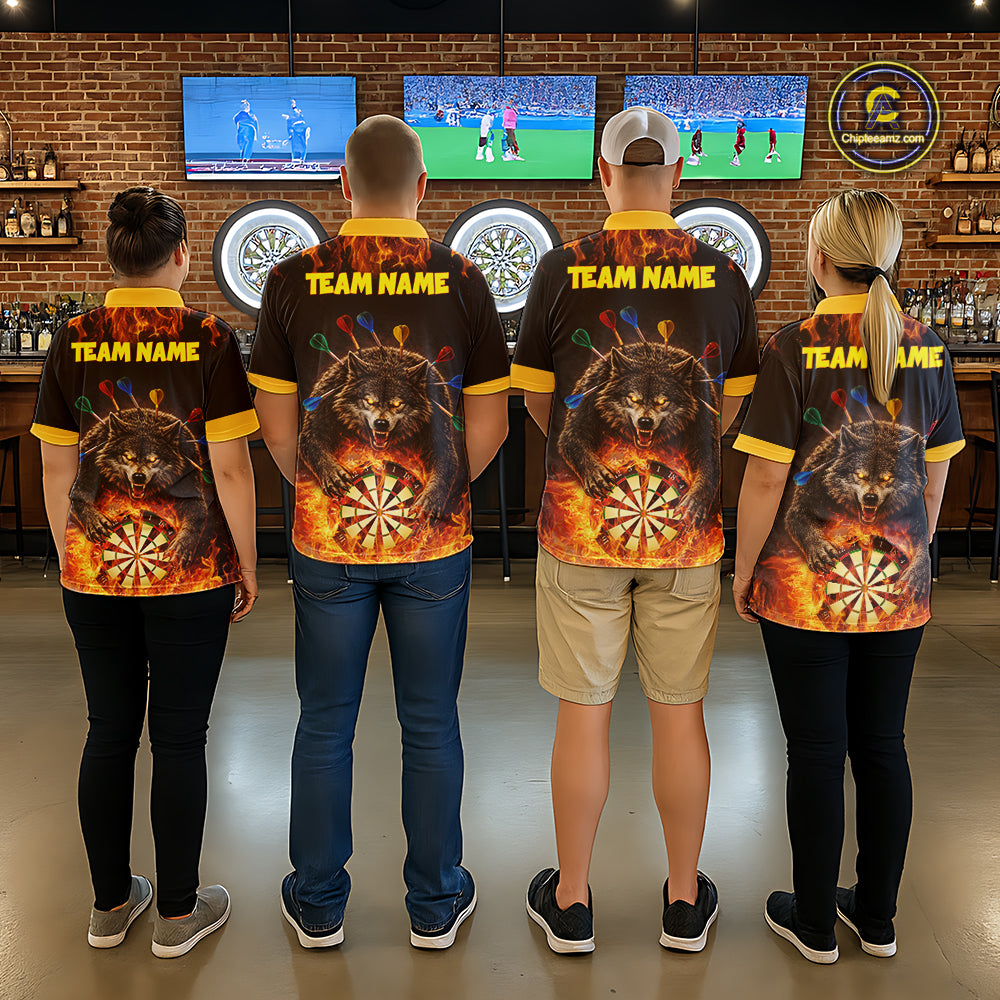 Personalized Fire Flame Wolf Darts Shirt For Men Custom Darts Jersey Team Polo & Quarter Zip TDM6314