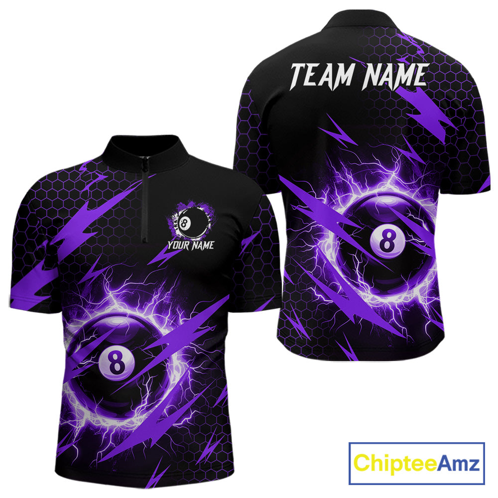 Purple 8 ball thunder lightning billiard quarter zip shirt for men built for tournaments and league play.