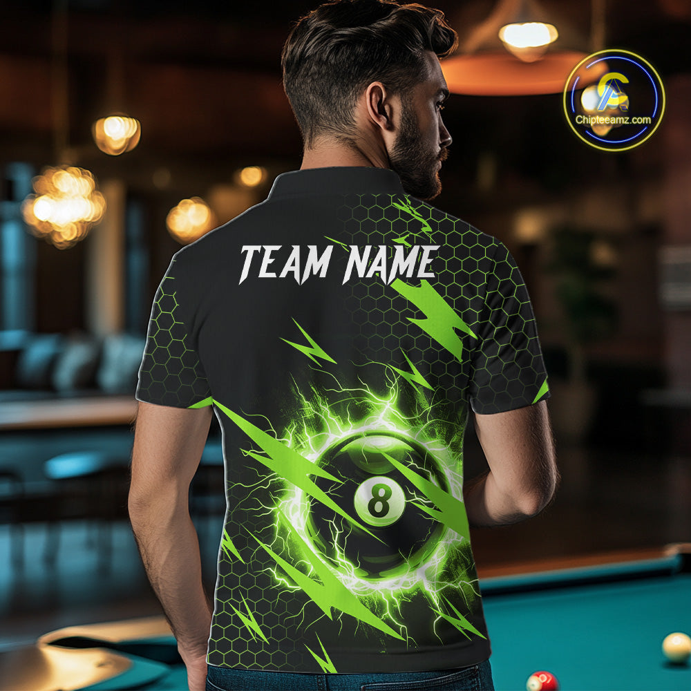 Back view of man wearing a green thunder lightning 8 ball pool shirt in a billiards hall.