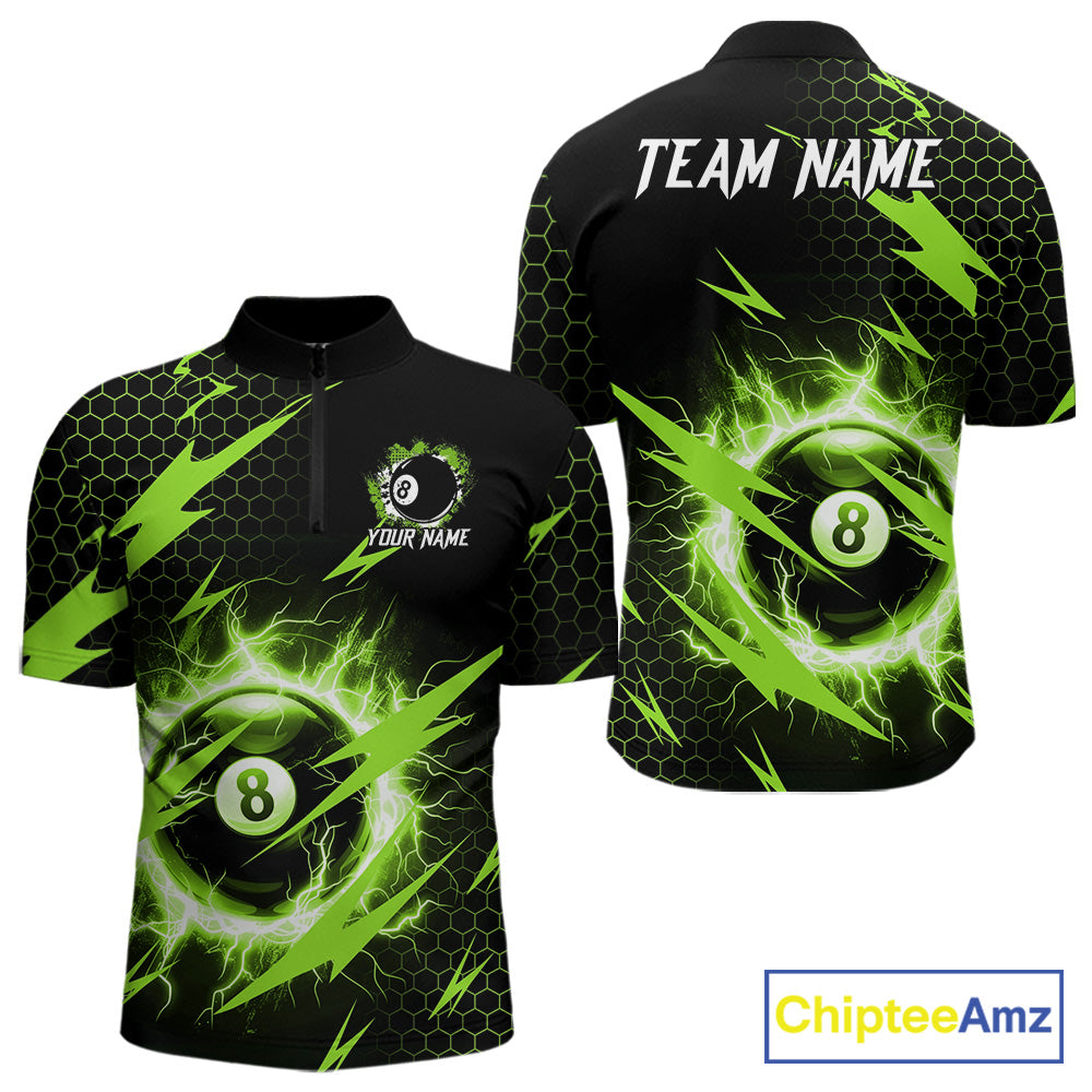 Green 8 ball thunder lightning billiard quarter zip shirt for men designed for league tournaments and team events.