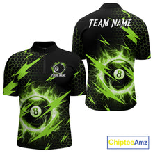 Load image into Gallery viewer, Green 8 ball thunder lightning billiard quarter zip shirt for men designed for league tournaments and team events.