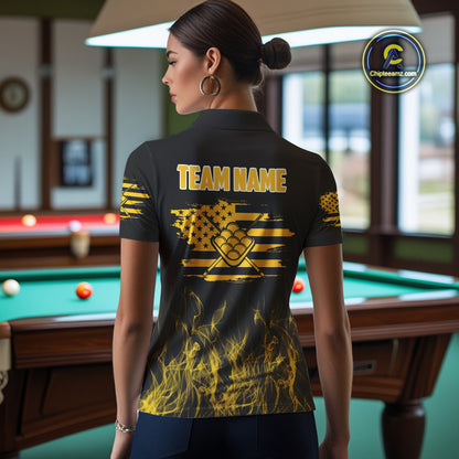 Yellow Flaming US Flag 9 Ball Billiard Shirt For Women Custom Patriotic Pool Player Team Jersey TDM4548