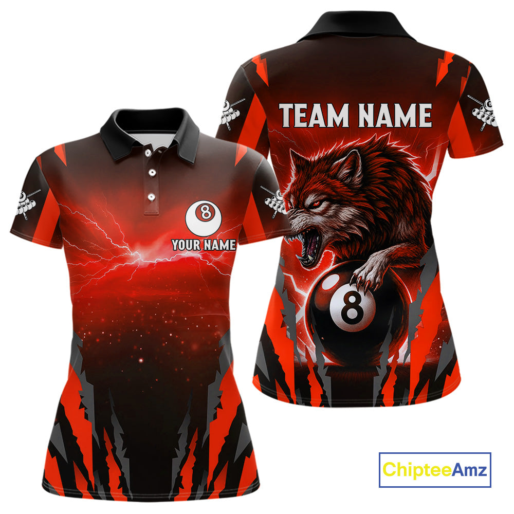 Personalized Thunder Lightning Wolf Billiard Shirt For Women, 8 Ball Billiard Team Jerseys |Red TDM4549