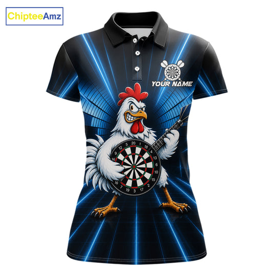 Blue Funny Chicken Playing Dartboard Guitar Custom Darts Shirts For Women, Darts Team Jersey TDM7202