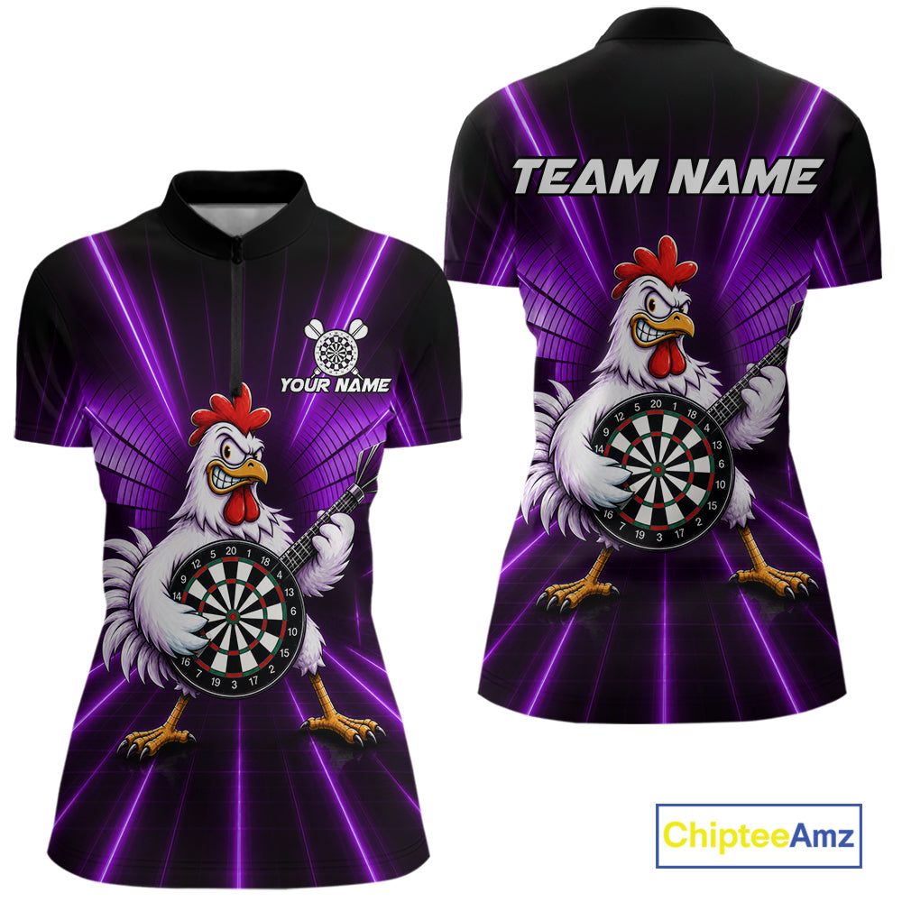 Purple Funny Chicken Playing Dartboard Guitar Custom Darts Shirts For Women, Darts Team Jersey TDM7203
