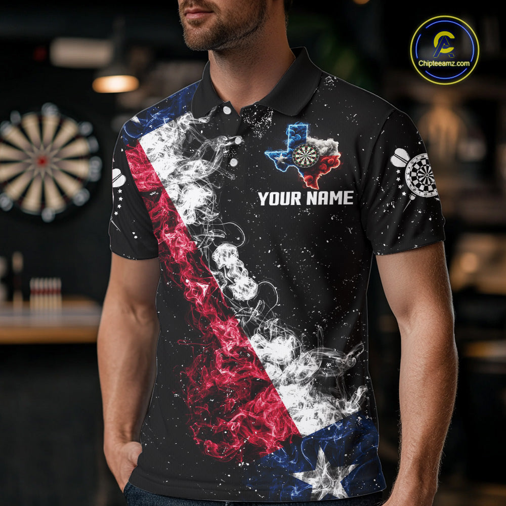 Personalized Black Grunge Texas Flag Smoke Darts Shirt For Men, Patriotic Team Dart Jerseys TDM5178