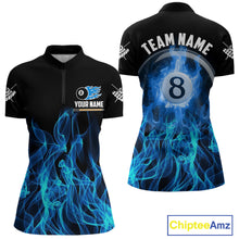 Load image into Gallery viewer, Blue Flaming 8 Ball Billiard Polo &amp; 1/4 Zip For Women Custom Billiard Jersey, Pool Team Shirts TDM5431