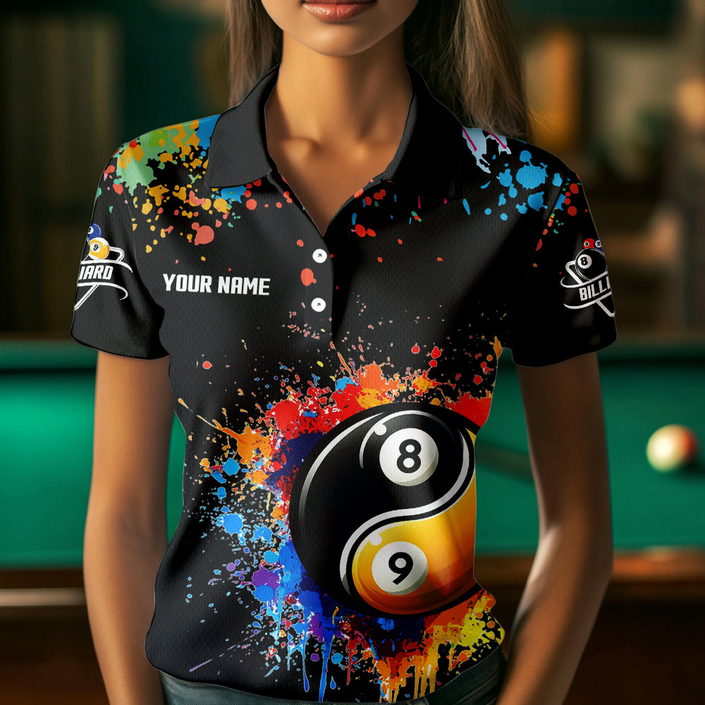 Funny Ying And Yang 8 Ball & 9 Ball Colorful Splash Custom Billiard Shirt For Women, Billiard Jersey  TDM3703