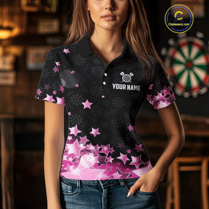 Funny Custom Dart Shirt For Women, Pink Black Glowing Star Pattern Darts Polo & Quarter Zip TDM3885