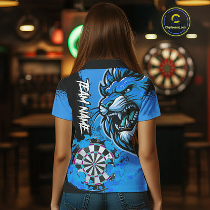 Blue Funny Darts Flame Lion Custom Polo & Quarter-Zip, Personalized Women Dart Shirts Dart Jerseys TDM3974