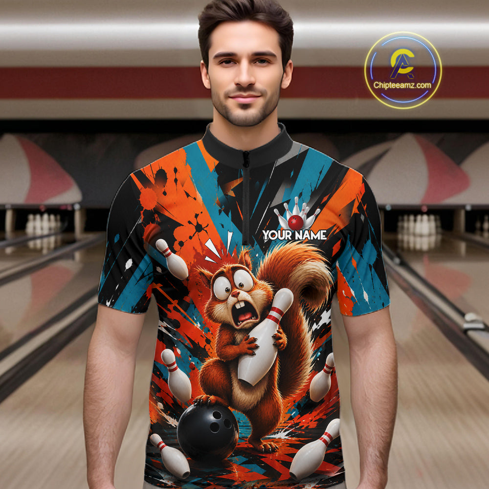 Colorful Graffiti Funny Squirrel Bowling Polo, 1/4 Zip Shirts For Men Custom Bowling Team Jersey TDM6489