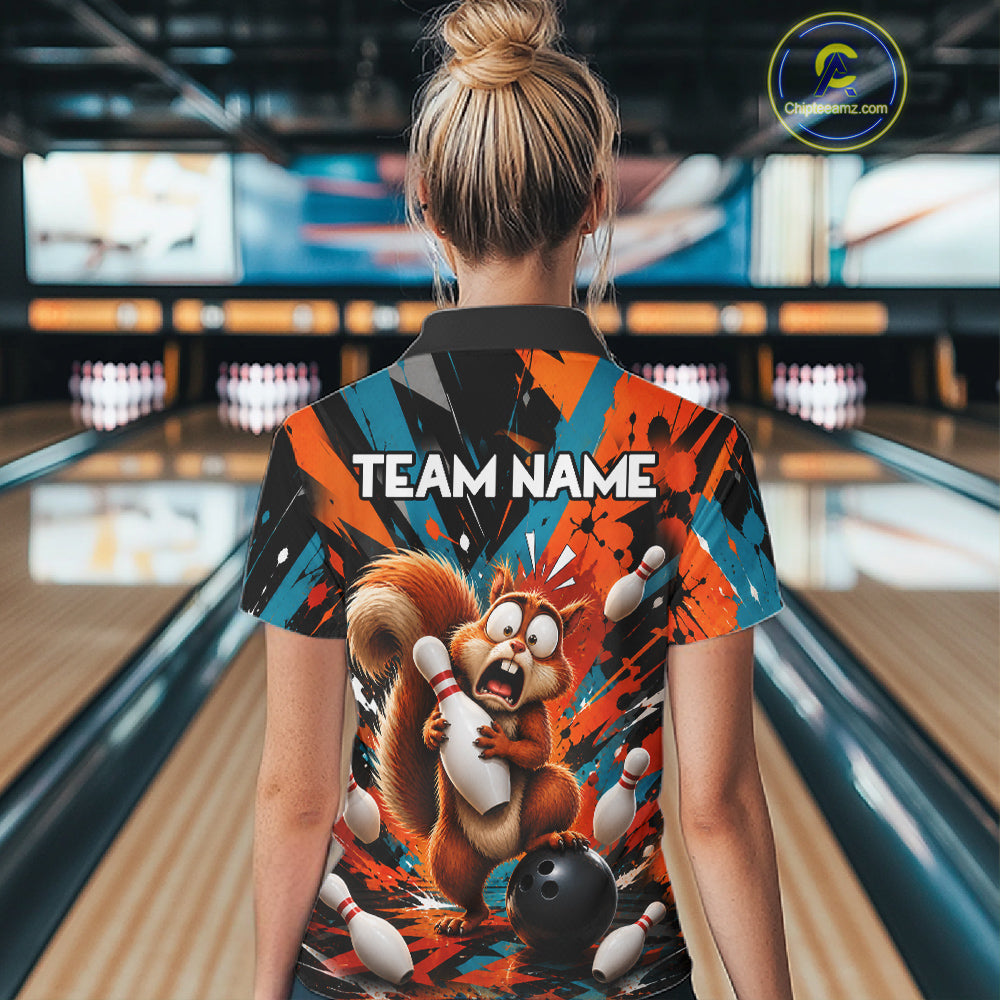Colorful Graffiti Funny Squirrel Bowling Polo, 1/4 Zip Shirts For Women Custom Bowling Team Jersey TDM6489