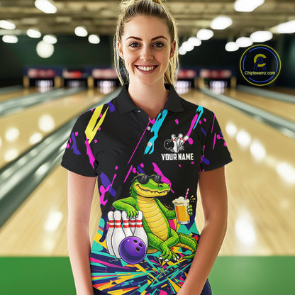 Colorful Bowling Jersey Funny Alligator Bowling Polo & 1/4 Zip For Women Custom Bowling Team Shirts TDM6491