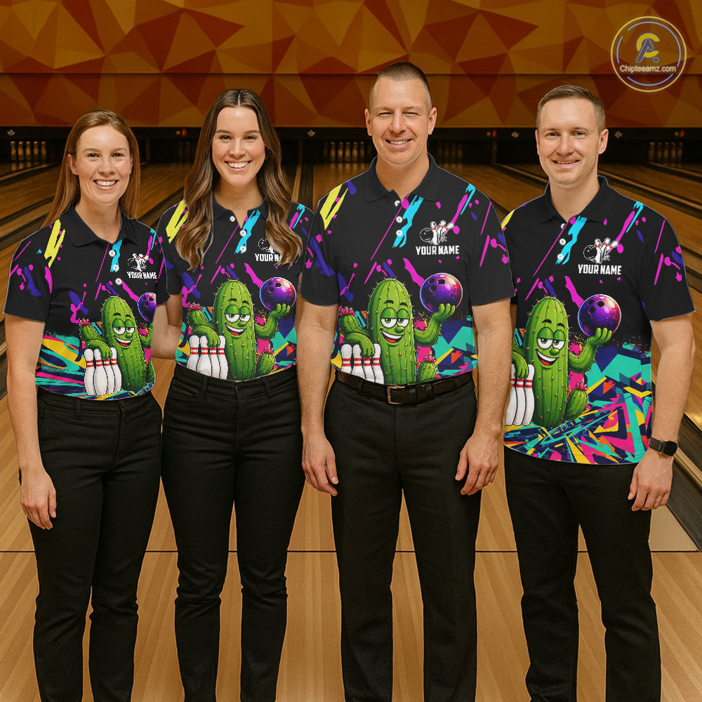 Colorful Bowling Jersey Funny Cactus Bowling Polo & 1/4 Zip For Men Custom Bowling Team Shirts TDM6492