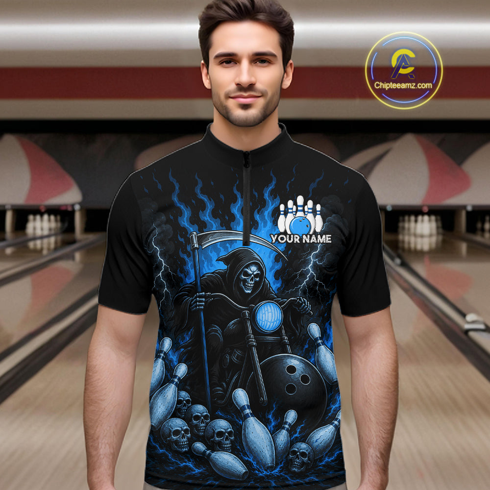 Funny Grim Reaper Motorcycle Bowling Shirts For Men Custom Blue Flaming Bowling Team Jersey TDM7215