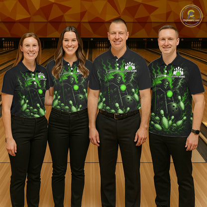 Funny Grim Reaper Motorcycle Bowling Shirts For Men Custom Green Flaming Bowling Team Jersey TDM7216