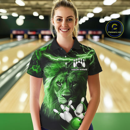 Personalized Green Lightning Thunder Lion Bowling Shirts For Women Custom Bowling Team Jerseys TDM7220
