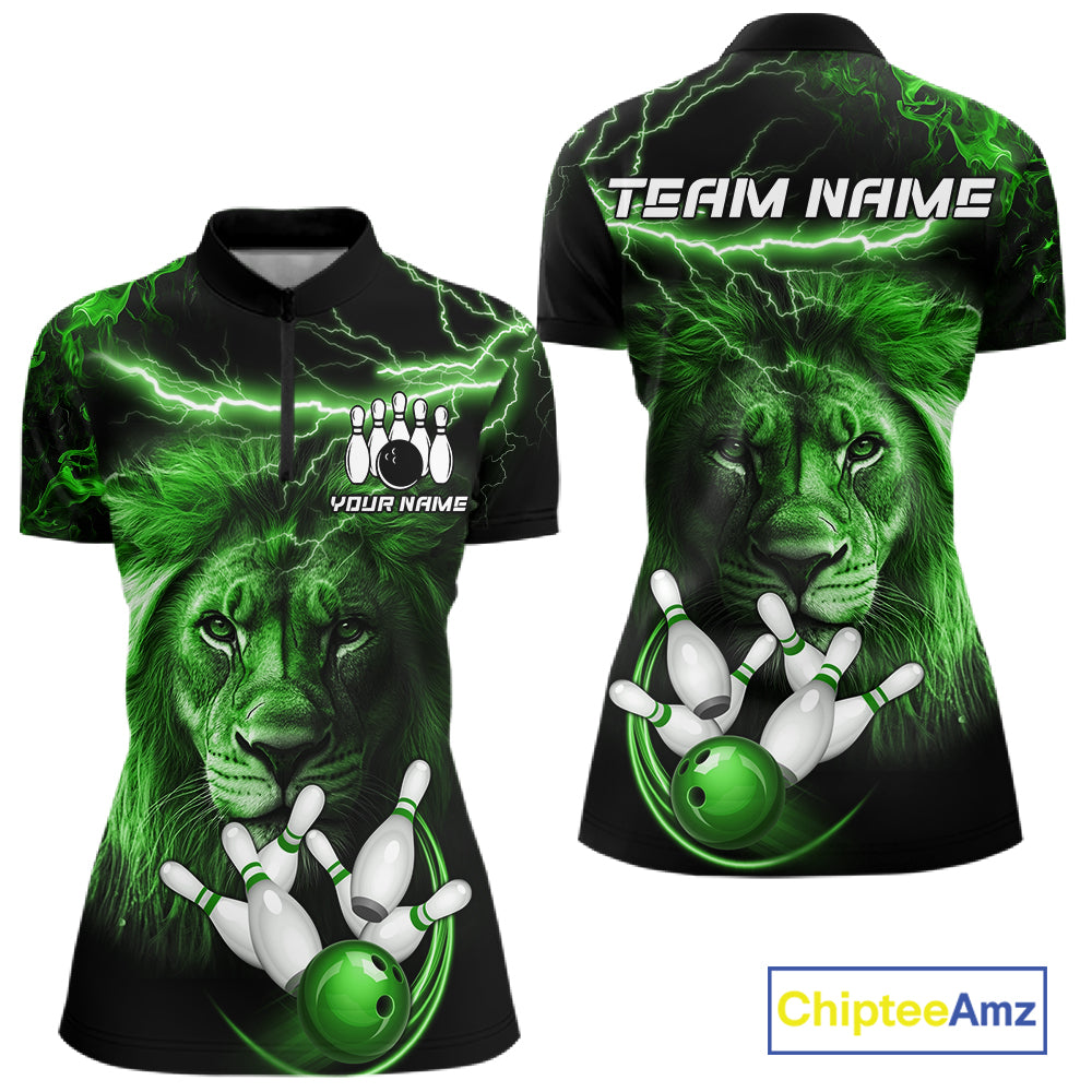 Personalized Green Lightning Thunder Lion Bowling Shirts For Women Custom Bowling Team Jerseys TDM7220