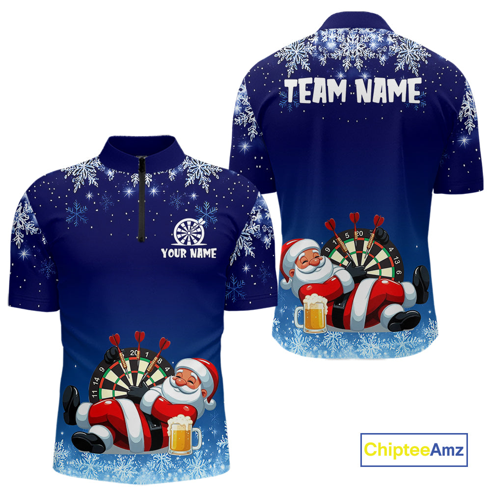 Funny Santa Blue Christmas Darts Shirt For Men Custom Snowflake Xmas Darts Jersey Gifts TDM5190