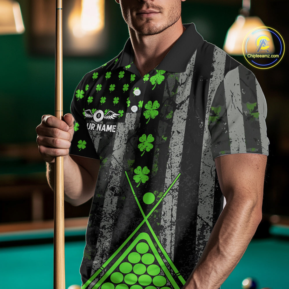 Green Grunge US Flag Luckiest Shamrock Billiard Shirt For Men Custom St Patrick Day Pool Jersey TDM5710