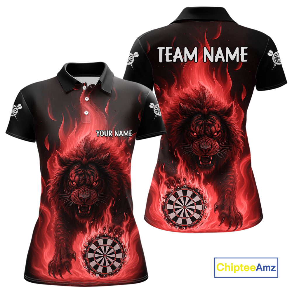 Red Flaming Lion Darts Shirts For Women Custom Fire Darts League Jersey Team Polo & 1/4 Zip TDM6065