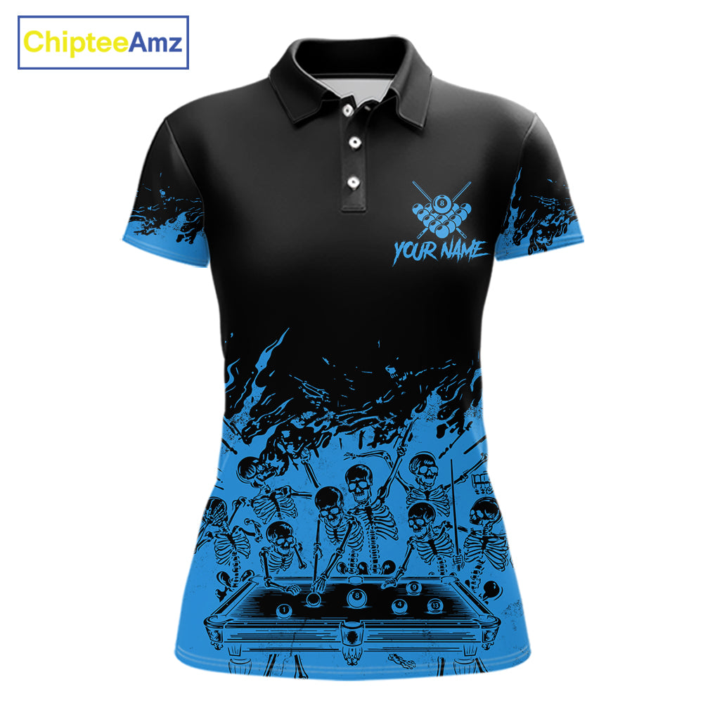 Black And Blue Funny Skeleton Billiard Shirts For Women Custom 8 Ball Pool Billiard Team Jersey TDM7231