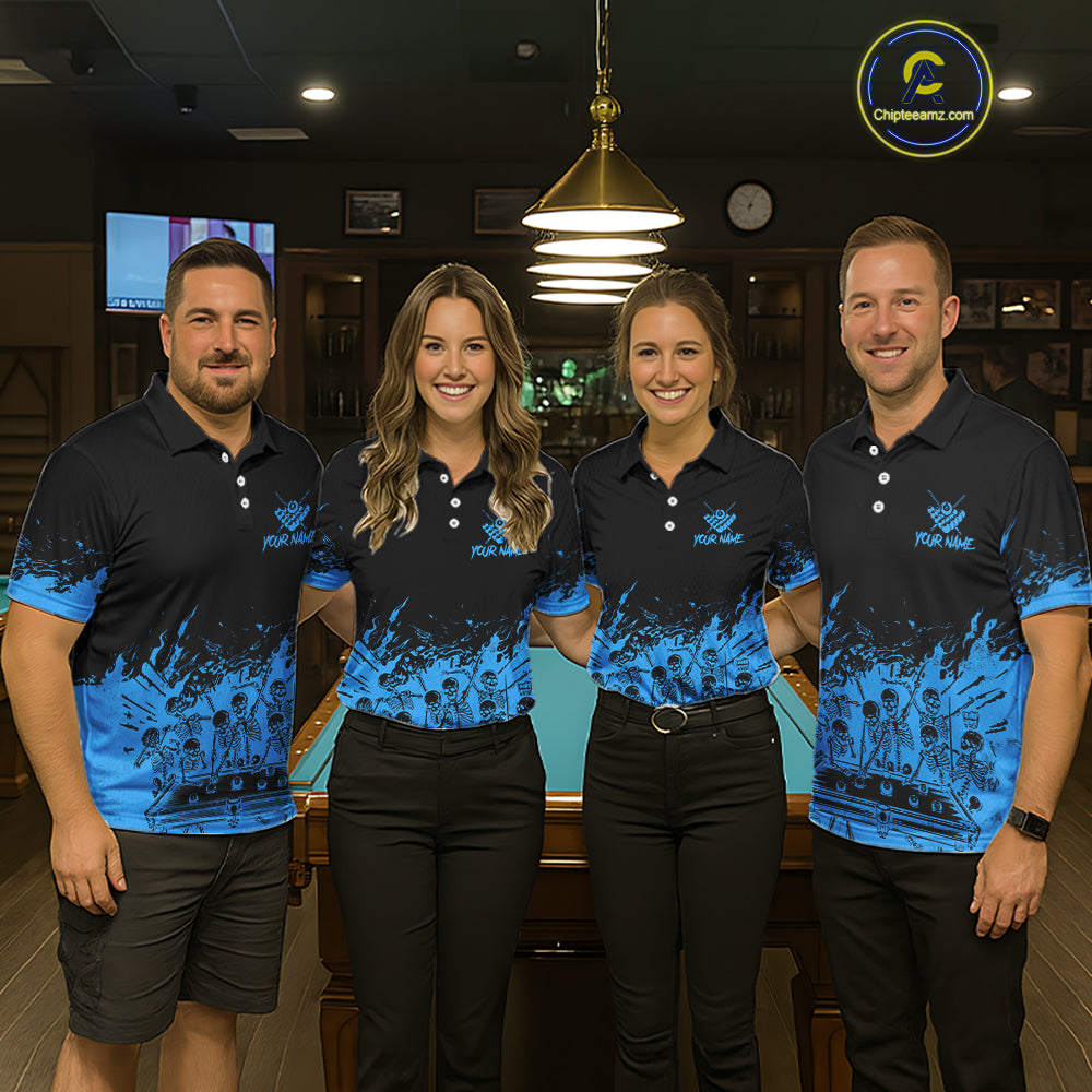 Black And Blue Funny Skeleton Billiard Shirts For Men Custom 8 Ball Pool Billiard Team Jersey TDM7231