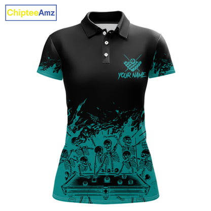 Black And Teal Funny Skeleton Billiard Shirts For Women Custom 8 Ball Pool Billiard Team Jersey TDM7232