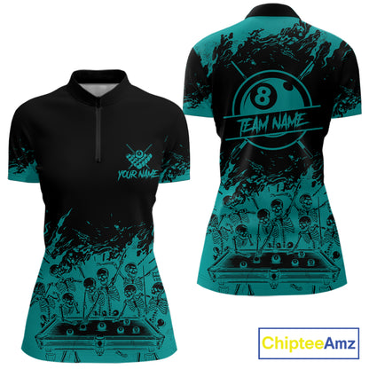 Black And Teal Funny Skeleton Billiard Shirts For Women Custom 8 Ball Pool Billiard Team Jersey TDM7232