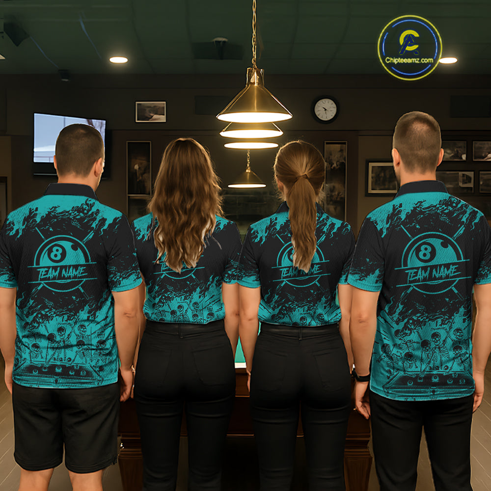 Black And Teal Funny Skeleton Billiard Shirts For Women Custom 8 Ball Pool Billiard Team Jersey TDM7232