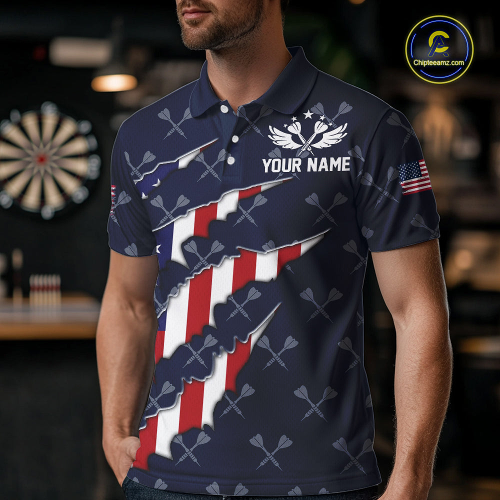 Personalized American Flag Navy Dart Pattern Polo & Quarter Zip For Men, Patriotic Darts Jersey TDM4996