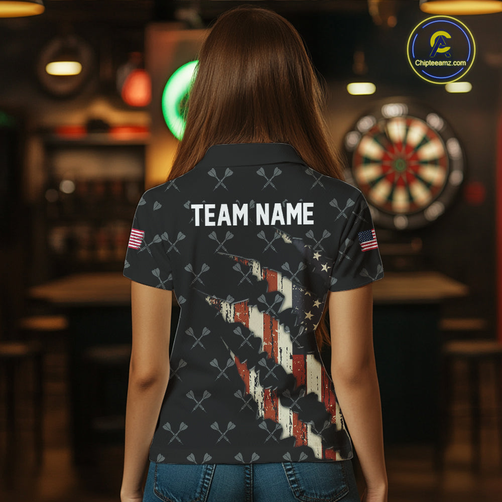 Vintage American Flag Darts Polo & Quarter Zip Custom Darts Shirt For Women, Patriotic Darts Jersey TDM4999