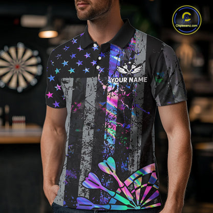 Custom Holographic Grunge US Flag Darts Shirt For Men, Patriotic Darts Team Jerseys Polo & 1/4 Zip TDM5455