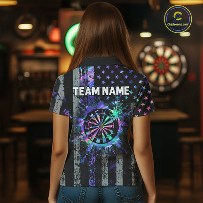 Custom Holographic Grunge US Flag Darts Shirt For Women, Patriotic Darts Team Jerseys Polo & 1/4 Zip TDM5455