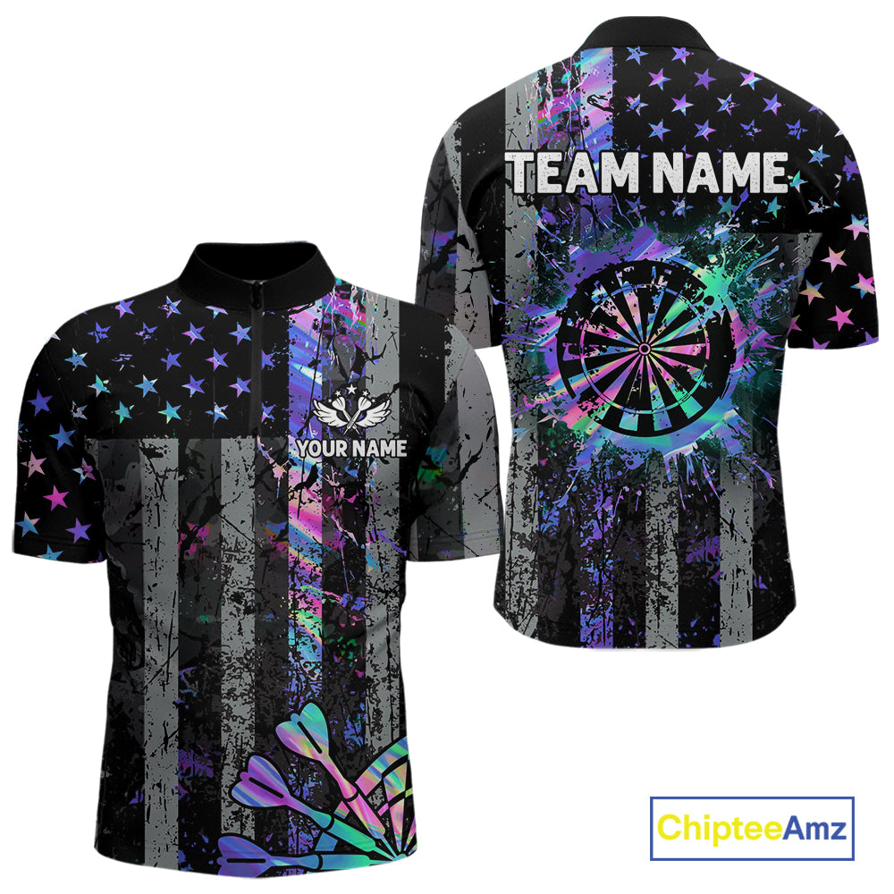 Custom Holographic Grunge US Flag Darts Shirt For Men, Patriotic Darts Team Jerseys Polo & 1/4 Zip TDM5455
