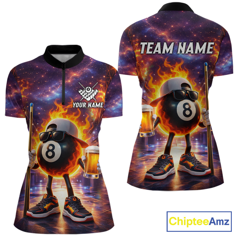 Flame 8 Ball Billiard Shirt For Women Custom Funny Pool Shirt, Billiard Team Jersey Polo & 1/4 Zip TDM5714