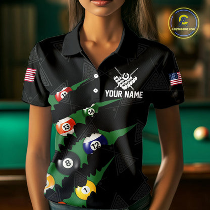 Personalized Scratch Black 8 Ball Billiard Shirt For Women, Pool Team Jersey Polo 1/4 Zip |Green TDM6070