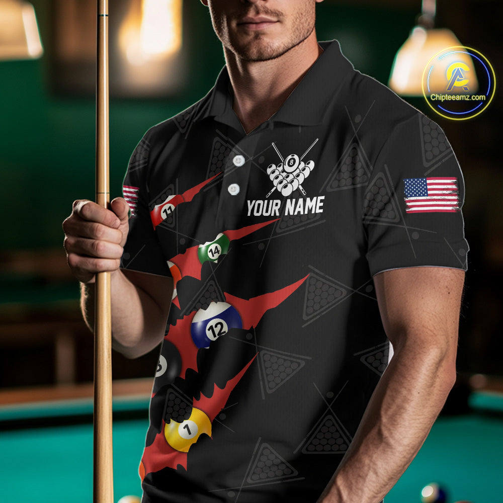 Personalized Scratch Black 8 Ball Billiard Shirt For Men, Pool Team Jersey Polo 1/4 Zip |Red TDM6072