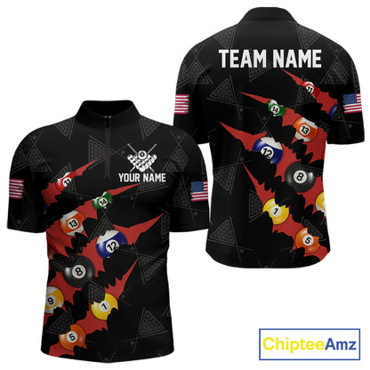 Personalized Scratch Black 8 Ball Billiard Shirt For Men, Pool Team Jersey Polo 1/4 Zip |Red TDM6072