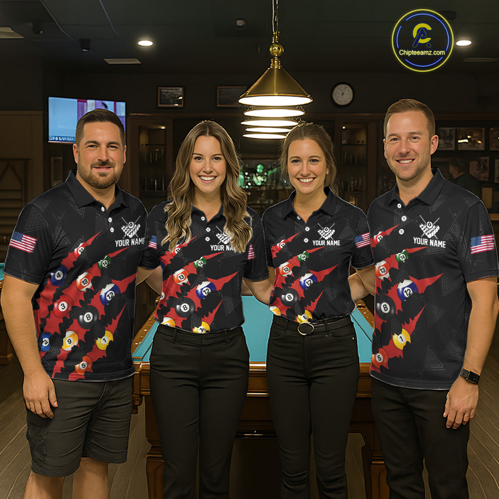 Personalized Scratch Black 8 Ball Billiard Shirt For Men, Pool Team Jersey Polo 1/4 Zip |Red TDM6072