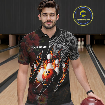 Personalized Hibiscus Flower Flame Bowling Shirt For Men, Tribal Bowling Team Jersey Polo, 1/4 Zip TDM6501