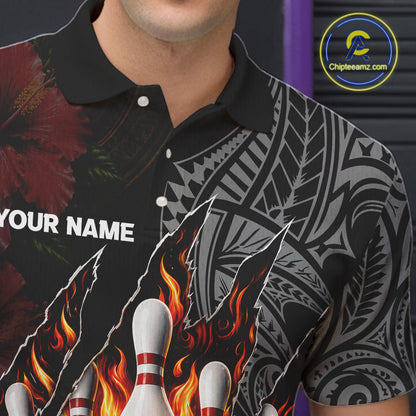 Personalized Hibiscus Flower Flame Bowling Shirt For Men, Tribal Bowling Team Jersey Polo, 1/4 Zip TDM6501