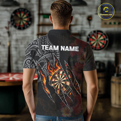 Personalized Hibiscus Flower Flame Darts Shirt For Men, Tribal Darts Team Jersey Polo & 1/4 Zip TDM6502