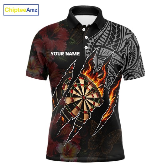 Personalized Hibiscus Flower Flame Darts Shirt For Men, Tribal Darts Team Jersey Polo & 1/4 Zip TDM6502